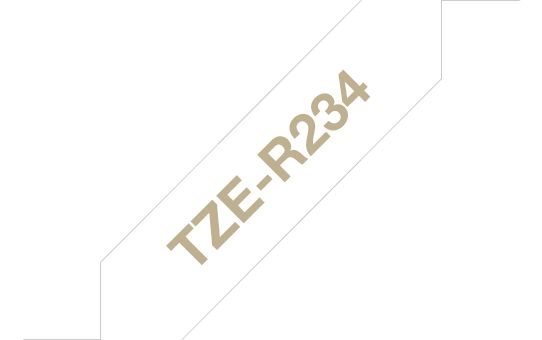 Kleepkirjalint Brother TZE-R234 kaunistusteks sobiv lint, valge, kuldne tekst, laius 12mm
