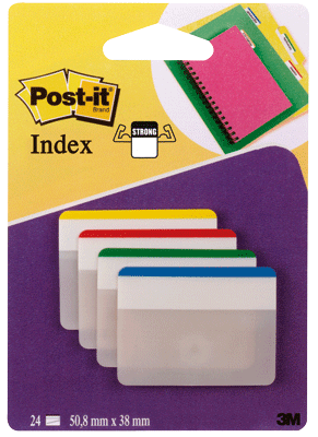 Post-it Index Strong Filing Tabs, 3 Assorted Colours, 50.8 mm x 38.1 mm, 24 Tabs