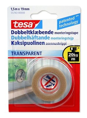 Kahepoolne teip Tesa läbipaistev 1,5mx19mm