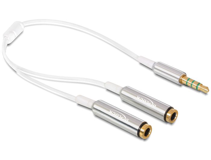 Adapter Audio üleminek (kõrvaklappide jagaja) Delock 3.5mm 4-pin stereo pistik (M) -> 2x 3.5mm 4-pin stereo pesa (F) kaabel 0.25m valge