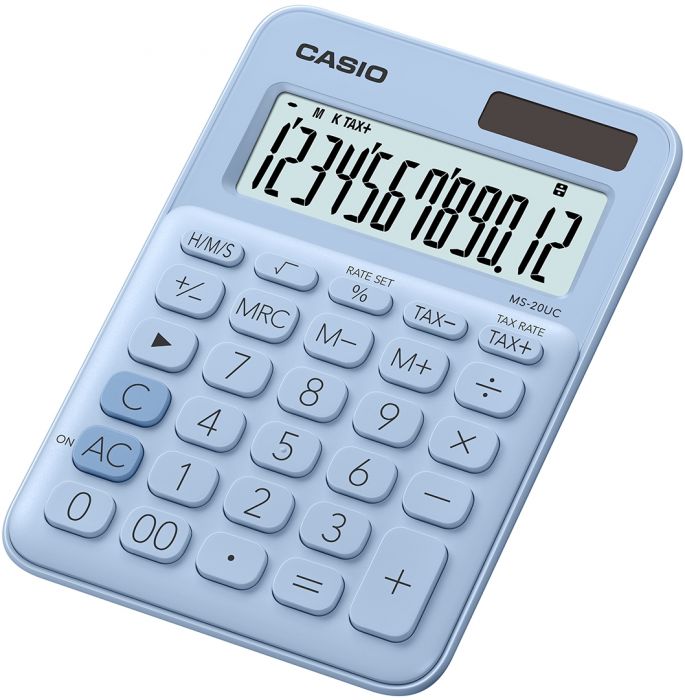 Desktop calculator Casio MS-20UC-Light-blue - 12 places, standard and solar battery, 110gr, 23x106x150mm, Casio logic