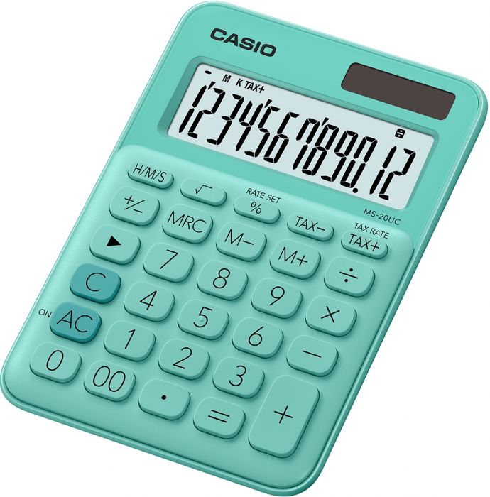 Lauakalkulaator Casio MS-20UC-Green - 12 kohaline, tava- ja päikesepatarei, 110gr, 23x106x150mm, Casio loogika