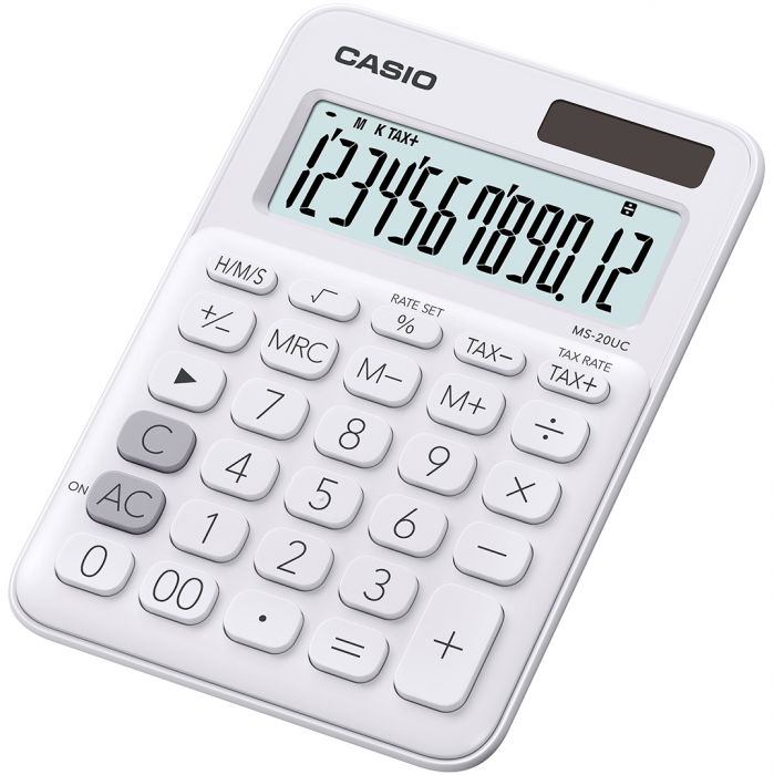 Lauakalkulaator Casio MS-20UC-White - 12 kohaline, tava- ja päikesepatarei, 110gr, 23x106x150mm, Casio loogika