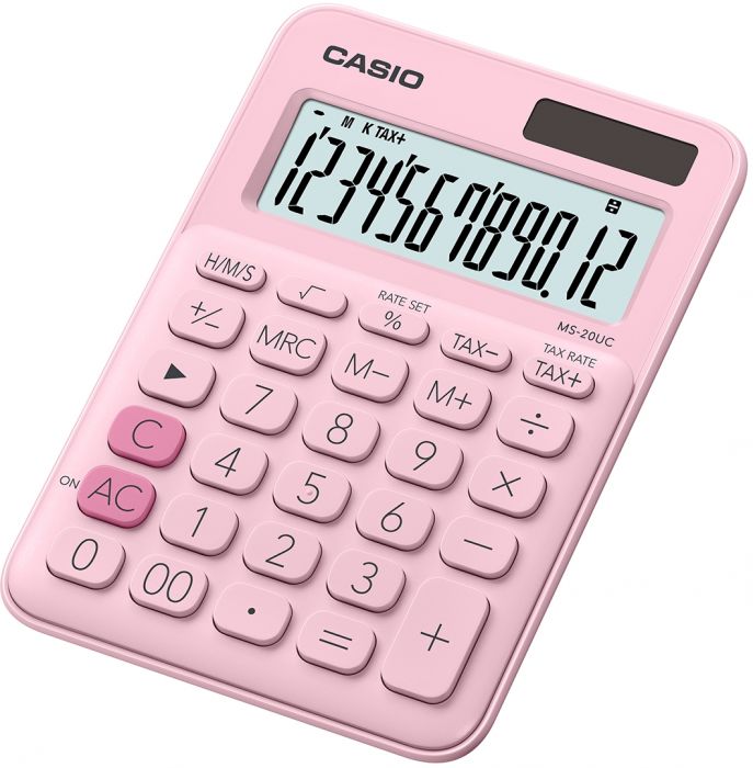 Desktop calculator Casio MS-20UC-Pink - 12 places, standard and solar battery, 110gr, 23x106x150mm, Casio logic