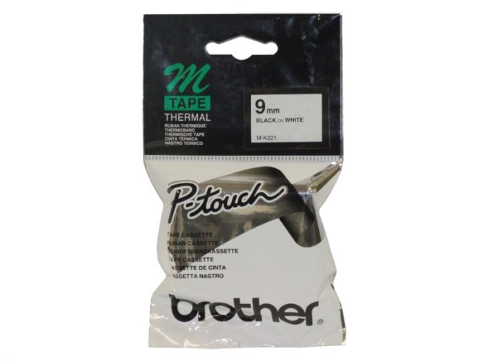 Kleepkirjalint Brother MK-221B must tekst/valge teip 9mm 8m (P-Touch PT-55/65/75/80/85/90, PT-BB4, PT-M95)