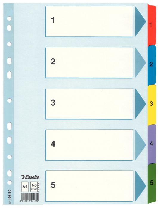 Registrilehed 1-5 värviliste numbritega, kartong, Esselte