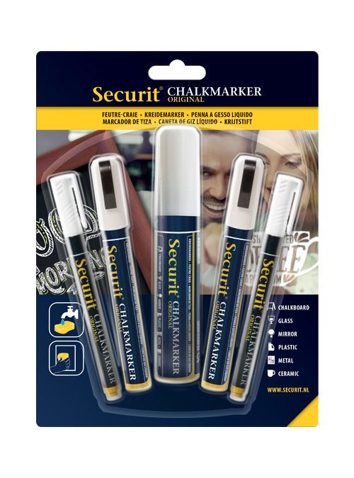 Tahvlimarkerid SECURIT Liquid valge, kriiditahvlile, pakis 5 tk: 2 tk 1-2mm/ 2tk 2-6mm/ 1tk 7-15mm/ kompl.