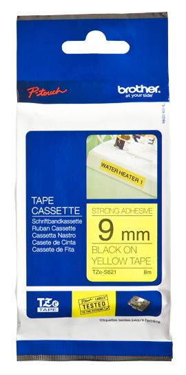 Kleepkirjalint Brother TZE-S621 Strong Adhesive, kollane, must tekst, laius 9mm, pikkus 8m