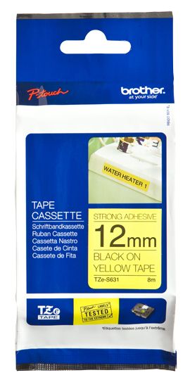 Kleepkirjalint Brother TZE-S631 Strong Adhesive, kollane, must tekst, laius 12mm, pikkus 8m