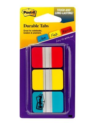Post-it Index Strong Filing Tabs, Blue, Red and Yellow, 25.4 mm x 38.1 mm, 66 Tabs