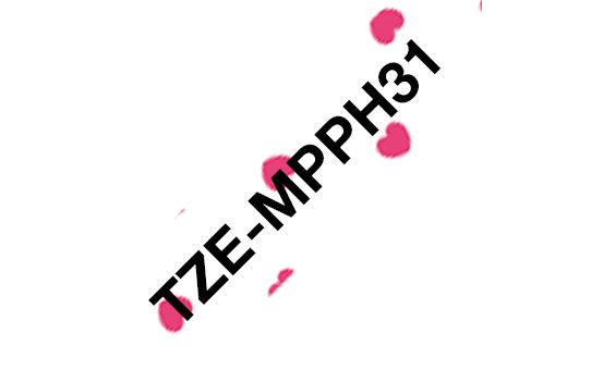 Kleepkirjalint Brother TZE-MPPH31 roosad südamed valgel põhjal, must tekst, laius 12mm