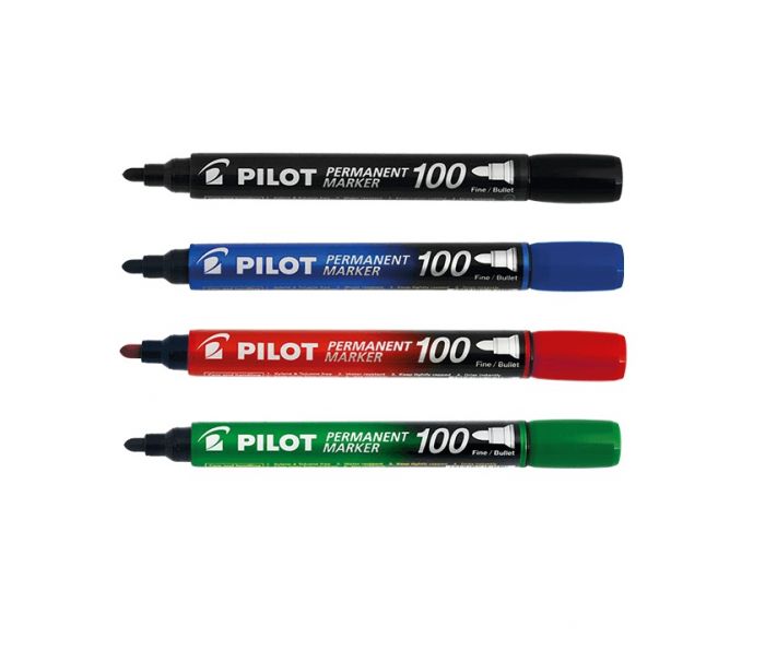 Marker permanent Pilot 100 - FINE with 1 mm taper tip - 4 colors / set, oil based