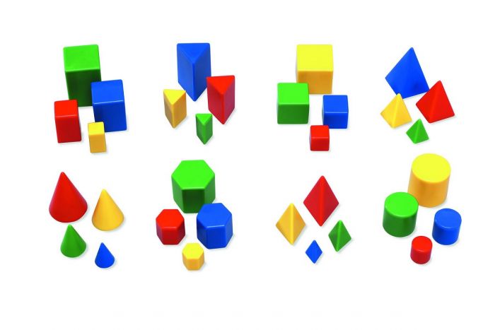 Väikesed geomeetrilised kehad, 8 erinevat, 4 värvi, kokku 32 tk, 1,3 - 4,5 cm, kaasas inglisekeelne õpetaja juhend