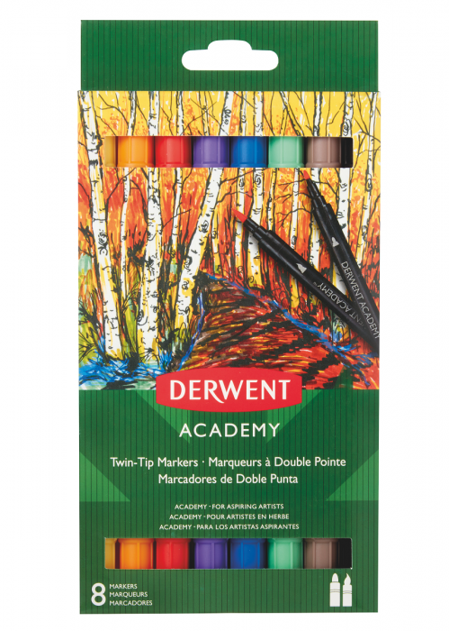 Viltpliiatsid Derwent Academy kahe otsaga(üks pintsel ots) 8värvi