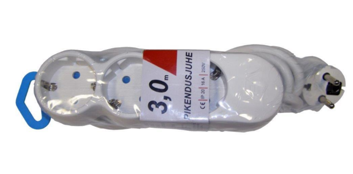 Pikendusjuhe 1,5 meetrit 3 pesa, VALGE, 3G1,5mm, 16A, maandusega, Acuma