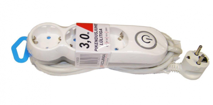 Extension cord 1.5 meters 3 sockets, WHITE, earthed, with switch,3G1,5mm, 16A