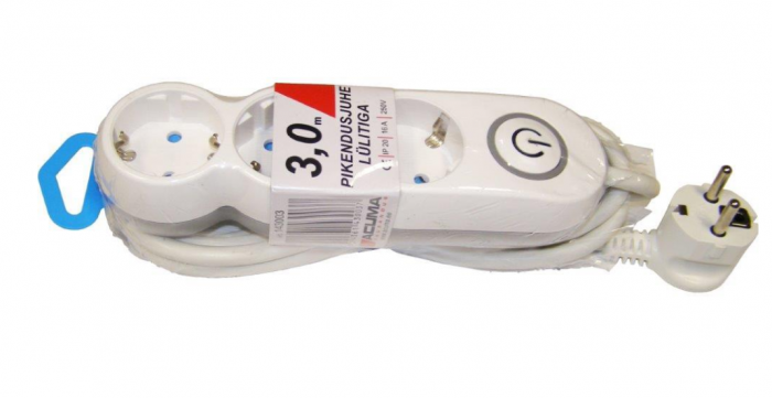 Extension cord 5 meters  3 sockets, WHITE, earthed, with switch,3G1,5mm,16A