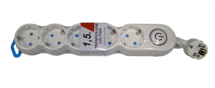 Pikendusjuhe 1,5 meetrit 5 pesa, VALGE, lülitiga, 3G1,5mm, 16A, maandusega, Acuma