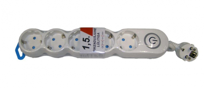 Extension cord 5 meters 5 sockets, WHITE, earthed, with switch,3G1,5mm,16A