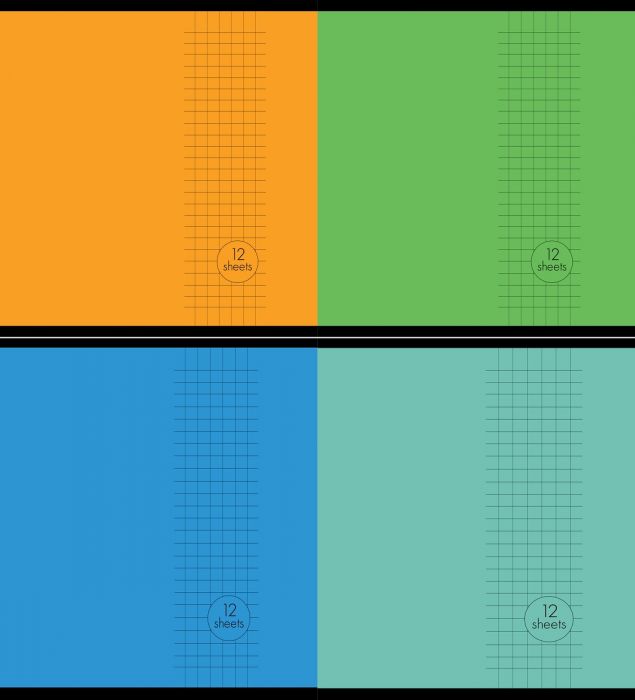 School notebook A5 + (170x230) 5x5 squares, 12 pages, Basic, 4 motifs