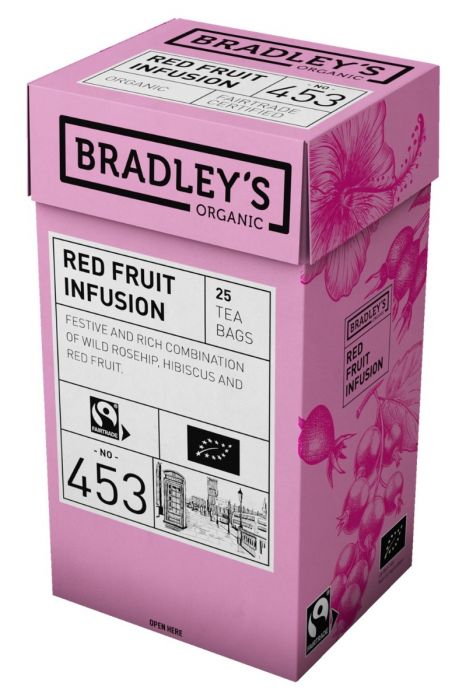 Punane tee Bradley's Organic kibuvitsa, vaarika ja mustsõstra kooslus 1,5g* 25tk/pk