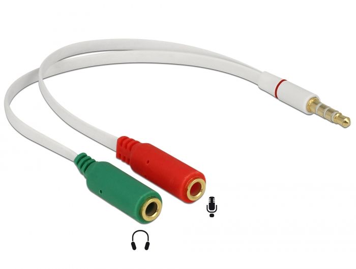 Audio adapter 4-kontaktiga 3,5mm pistik 4-pin -> 2x3,5mm pesad eraldi kõrvaklappide ja mikrofoni pistikute ühendamiseks arvutiga, valge