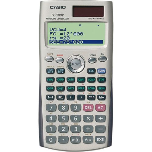 Koolikalkulaator Casio FC-200V 4-realine ekraan (finants, raamatupidamine, võlakirjad, amortisatsioon, tasuvuspunkt) päikese- ja tavapatarei