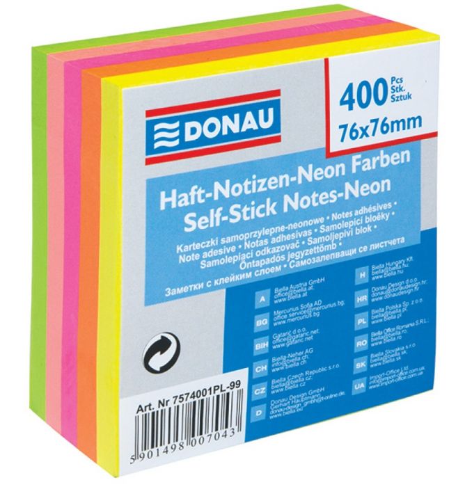 Märkmepaber iseliimuv Donau, 76x76mm (kuubis 400l.), neoonassortii