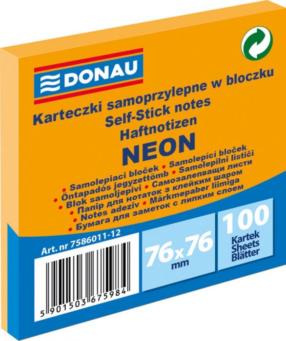Märkmepaber iseliimuv Donau neoonoranž 76x76mm (pakis 100 lehte)