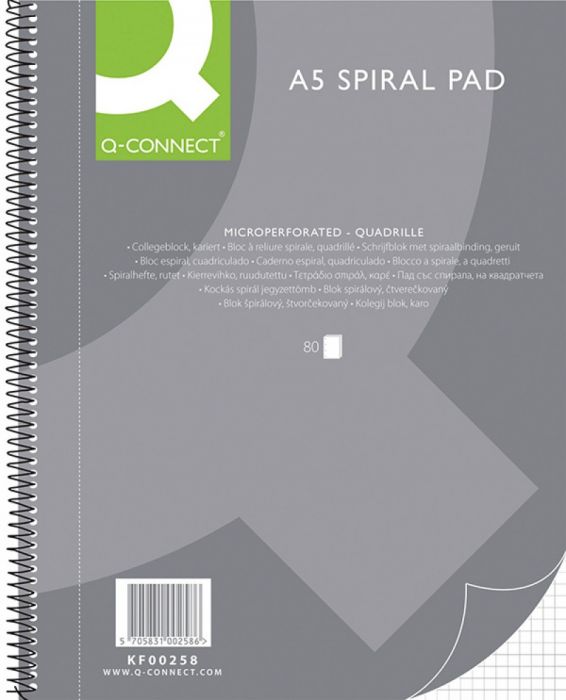 Kaustik A5 80 lehte 5x5ruut spiraalköide, rebitavad lehed, Q-Connect