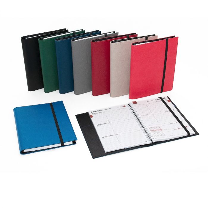Book calendar Minister FLEX dark green week H 18 months from July 2024, spiral binding, rubber strap A5