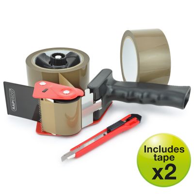 Packing tape dispenser + 2 rolls of brown tape 50mmx66m and knife, Germ-Savvy antibacterial, Rapesco