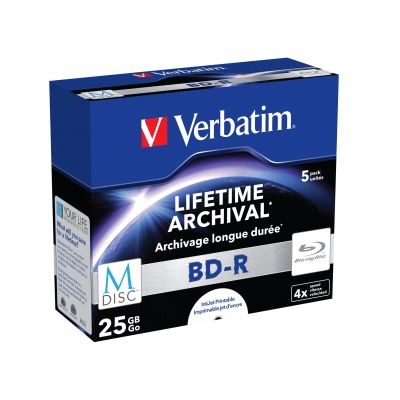 BD-R Verbatim M-Disc 25GB 4x Blu-Ray Inkjet printable Jewel Case (1pakk - pakis 5tk), Lifetime Archival