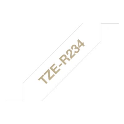 Kleepkirjalint Brother TZE-R234 kaunistusteks sobiv lint, valge, kuldne tekst, laius 12mm