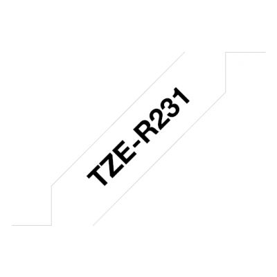 Kleepkirjalint Brother TZE-R231 kaunistusteks sobiv lint, valge, must tekst, laius 12mm