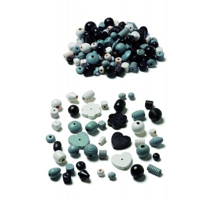 Puust käsitööpärlid, erinevad kujud, 6-30 mm, ava 2-5 mm, must/hall/valge