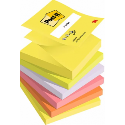 Post-it Z-Notes, Assorted Neon Colours, 76 mm x 76 mm, 100 Sheets/Pad, 6 Pads