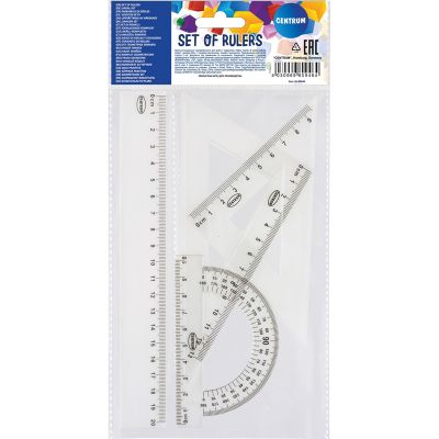 School set: 20cm ruler, 2 triangle rulers, protractor