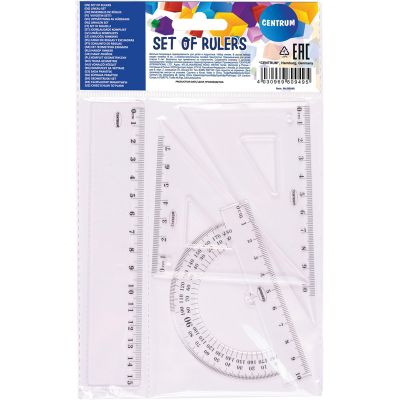 School set: 15cm ruler, 2 triangle rulers, protractor