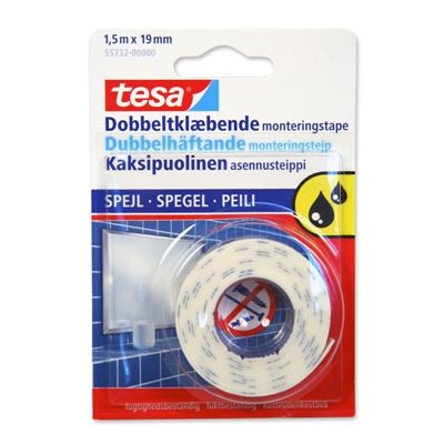 Kahepoolne teip Tesa niiskuskindel 1,5mx19mm (ideaalne peegilte kinnitamiseks)