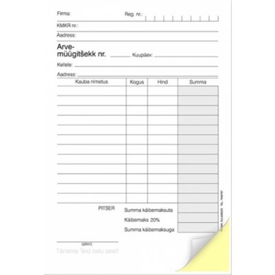 Form "Arve-müügitšekk A6" vertical 2x50 carbon paper