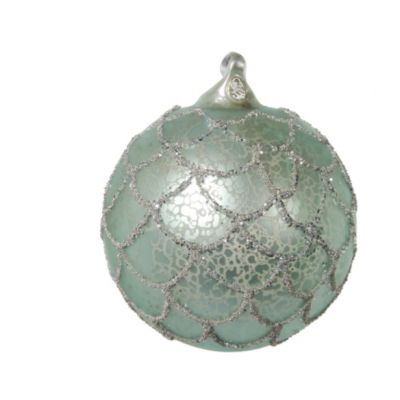 Christmas decoration on a spruce, ball 8cm, with shiny wreaths, coin green, glass