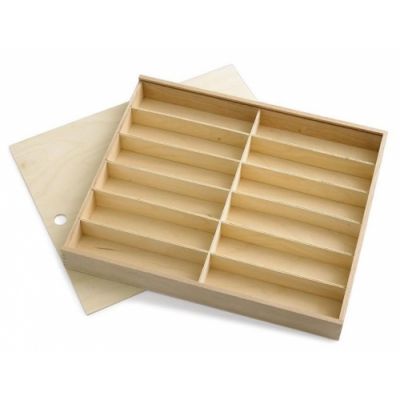 Wooden box, with cover, for storing pens, 12 compartments