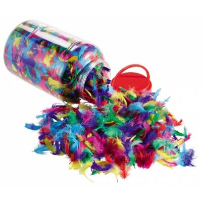 Craft feathers, different colors and sizes, 500g jar with cover