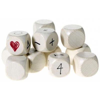 Dice, white, wooden, 16 x 16 mm, 12 pcs