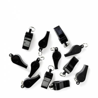 Whistle, black plastic, 12 pcs