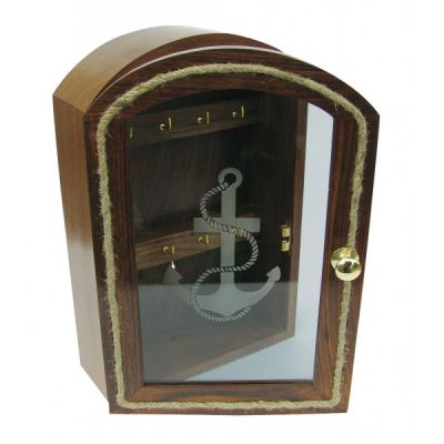 Key box, wood with glass front with anchor design, 20x30x8/10cm