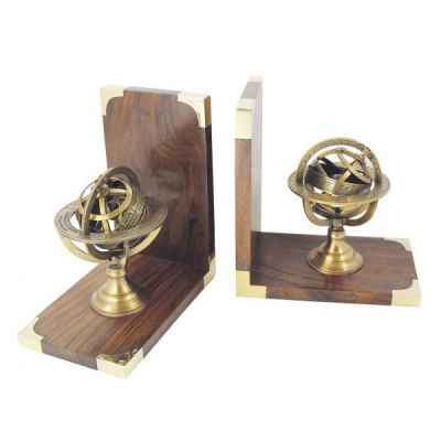 Bookends - Armillary, wood/brass, 1 pair, 31,5x17x10cm