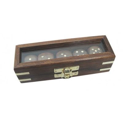 Dice box, wood with glass lid, 5 dice, 12,5x4x3,5cm