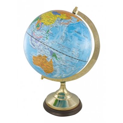 Globe, light blue, with brass/wood base, H: 47cm, Ø: 30/20cm